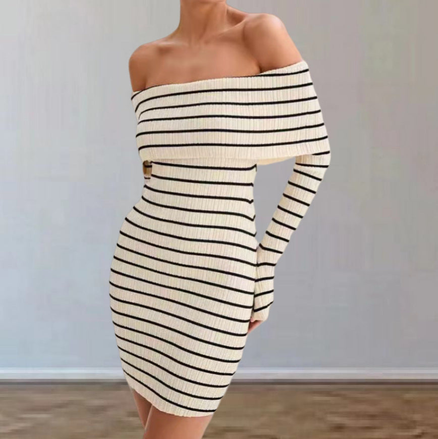 Damen Off-Shoulder Strickkleid mit langen Ärmeln und Streifenmuster R&B