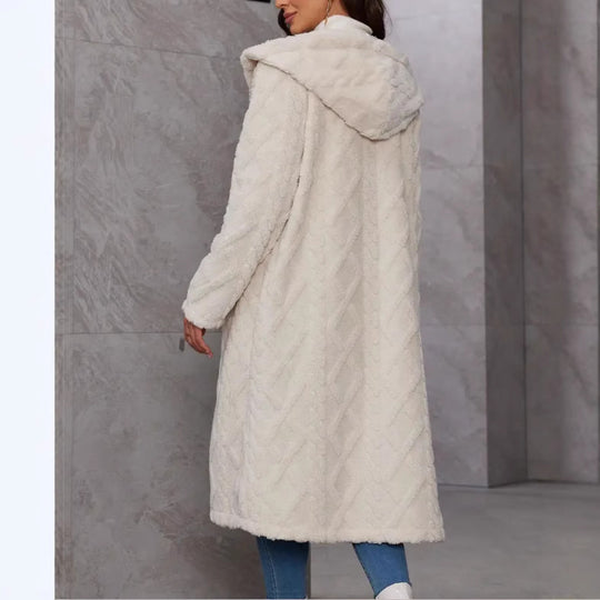 Damen Fluffy Mantel mit Kapuze und Knopfverschluss R&B