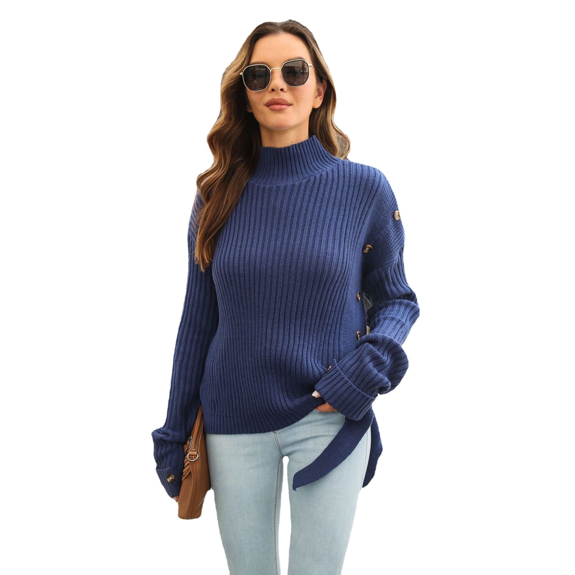 Damen Grobstrickpullover mit hochgeschlossenem Hals und dekorativen Knopfdetails R&B