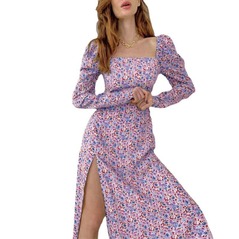 Damen Blütendes Maxikleid mit asymmetrischem Schlitz und Puffärmeln R&B