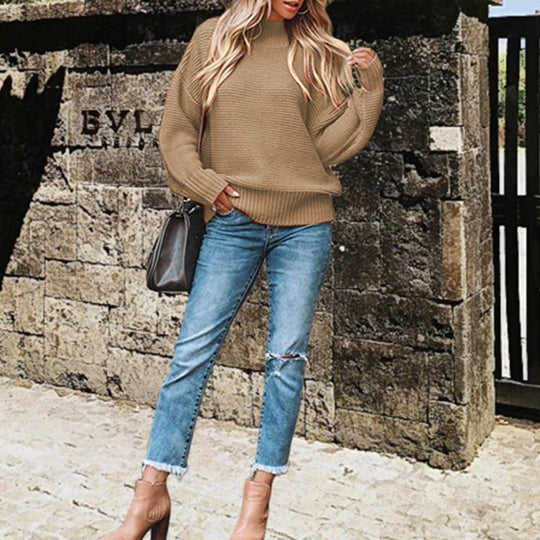Damen Grobstrickpullover mit hohem Kragen und Ballonärmeln R&B