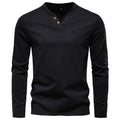 Herren nan tailliertes Langarmshirt im Henley-Stil mit kurzem V-Ausschnitt, Zierknöpfen und Brustleistentasche R&B