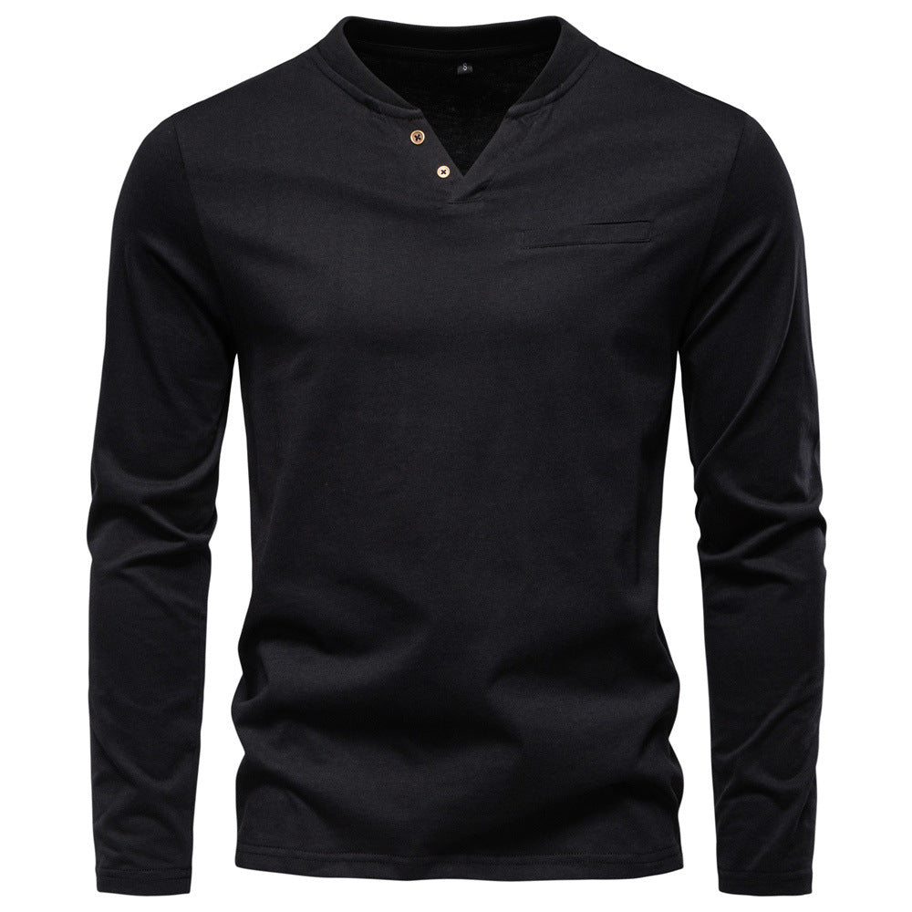 Herren nan tailliertes Langarmshirt im Henley-Stil mit kurzem V-Ausschnitt, Zierknöpfen und Brustleistentasche R&B
