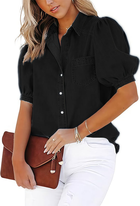 Damen lässige Denim-Bluse mit ballonärmel und praktischer Brusttasche R&B