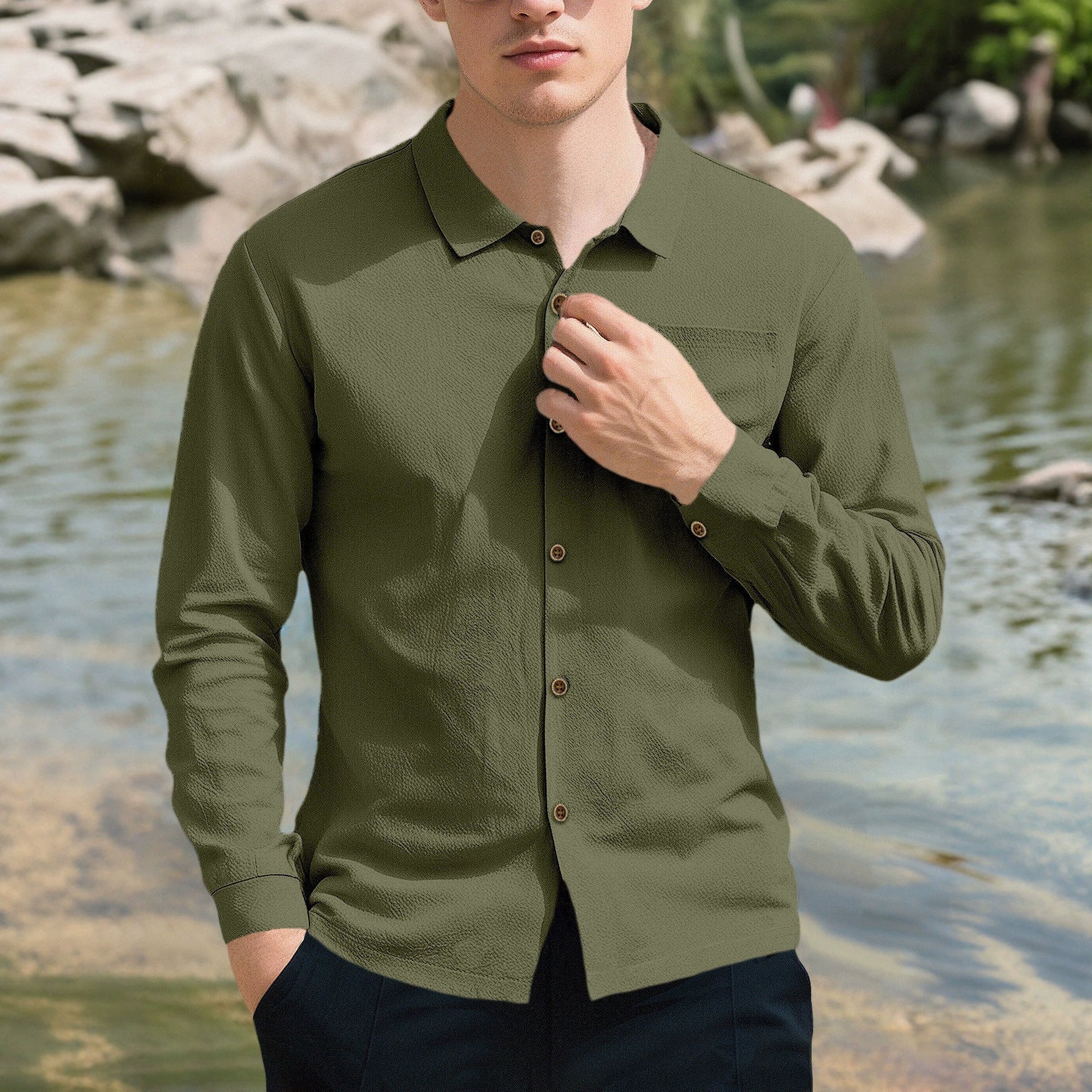 Herren nan lässiges Langarmhemd mit Kentkragen Brusttasche und Ärmelriegel R&B