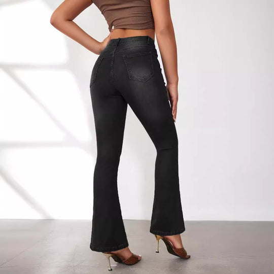 Damen Flared Jeans mit hohen Bund und modischen Knopfdetails R&B