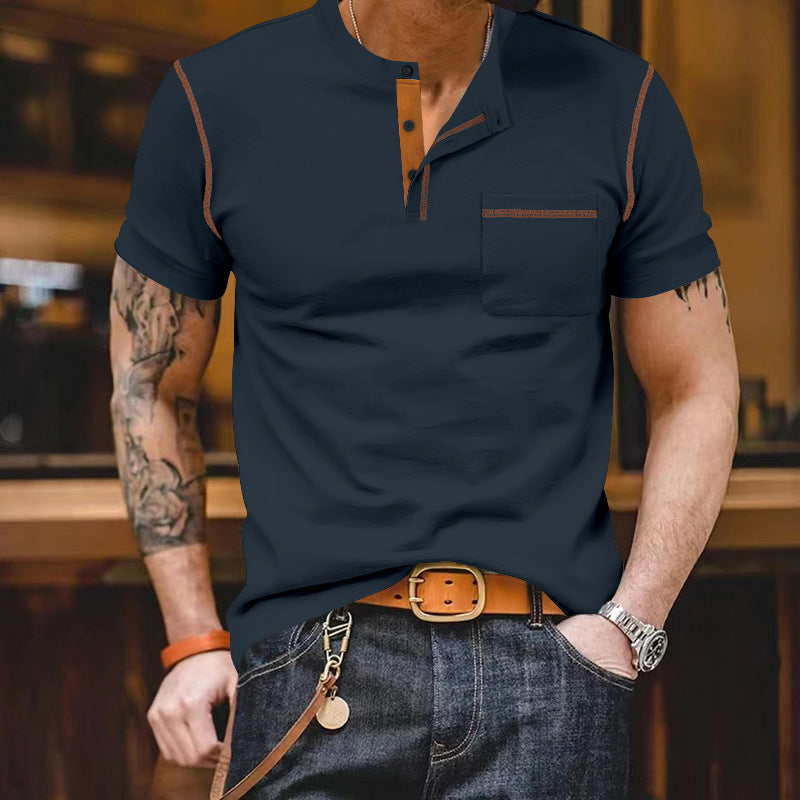 Herren nan urbanes Kurzarmshirt mit Stehkragen, halber Knopfleiste und Brusttasche R&B