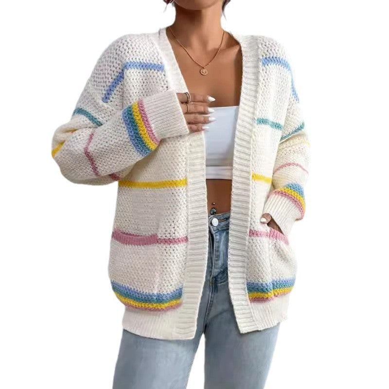 Damen gemütlicher Strickcardigan mit bunten Streifen R&B