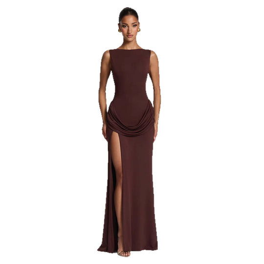 Damen Elegantes Maxikleid mit raffinierter Drapierung und hoch schlitzendem Design R&B