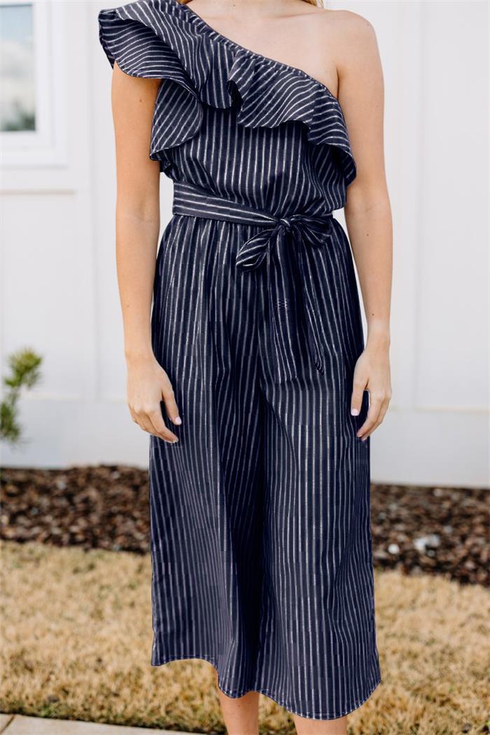 Damen Wickel-Jumpsuit mit asymmetrischem Träger und voluminösen Rüschen R&B