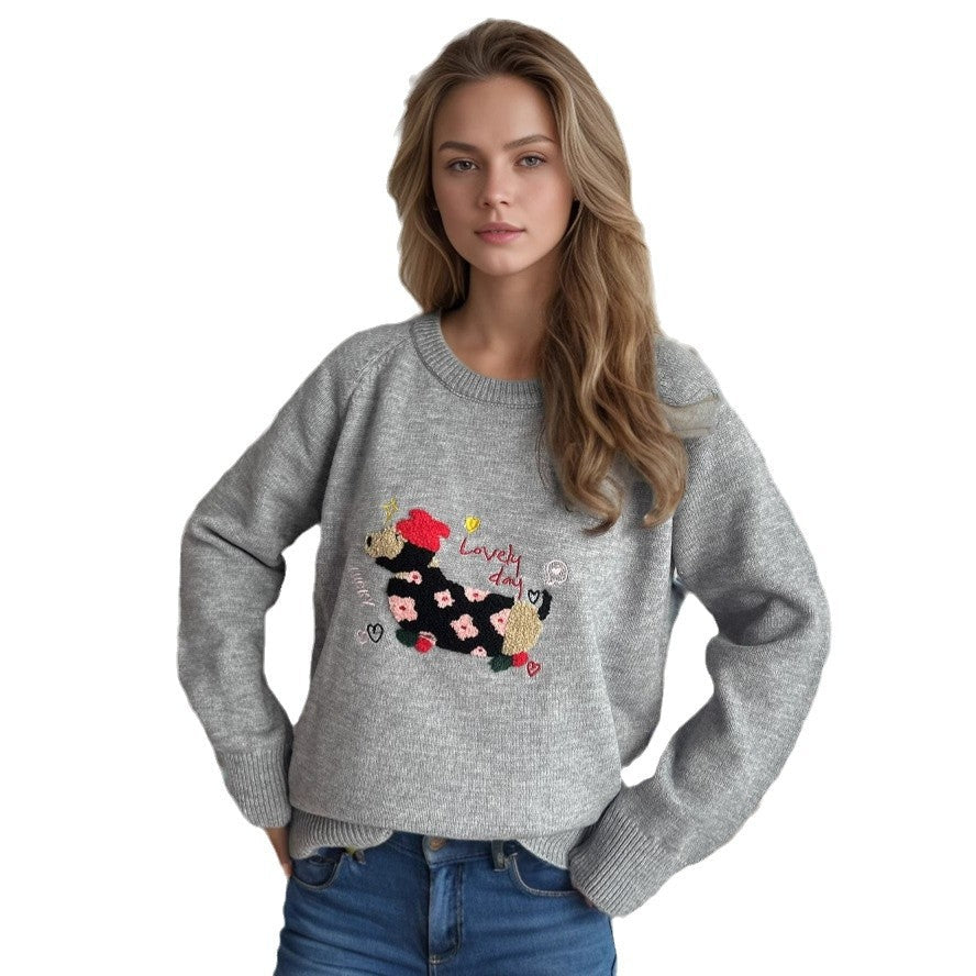 Damen Pullover mit tierischem Motiv und dekorativen Stickereien R&B