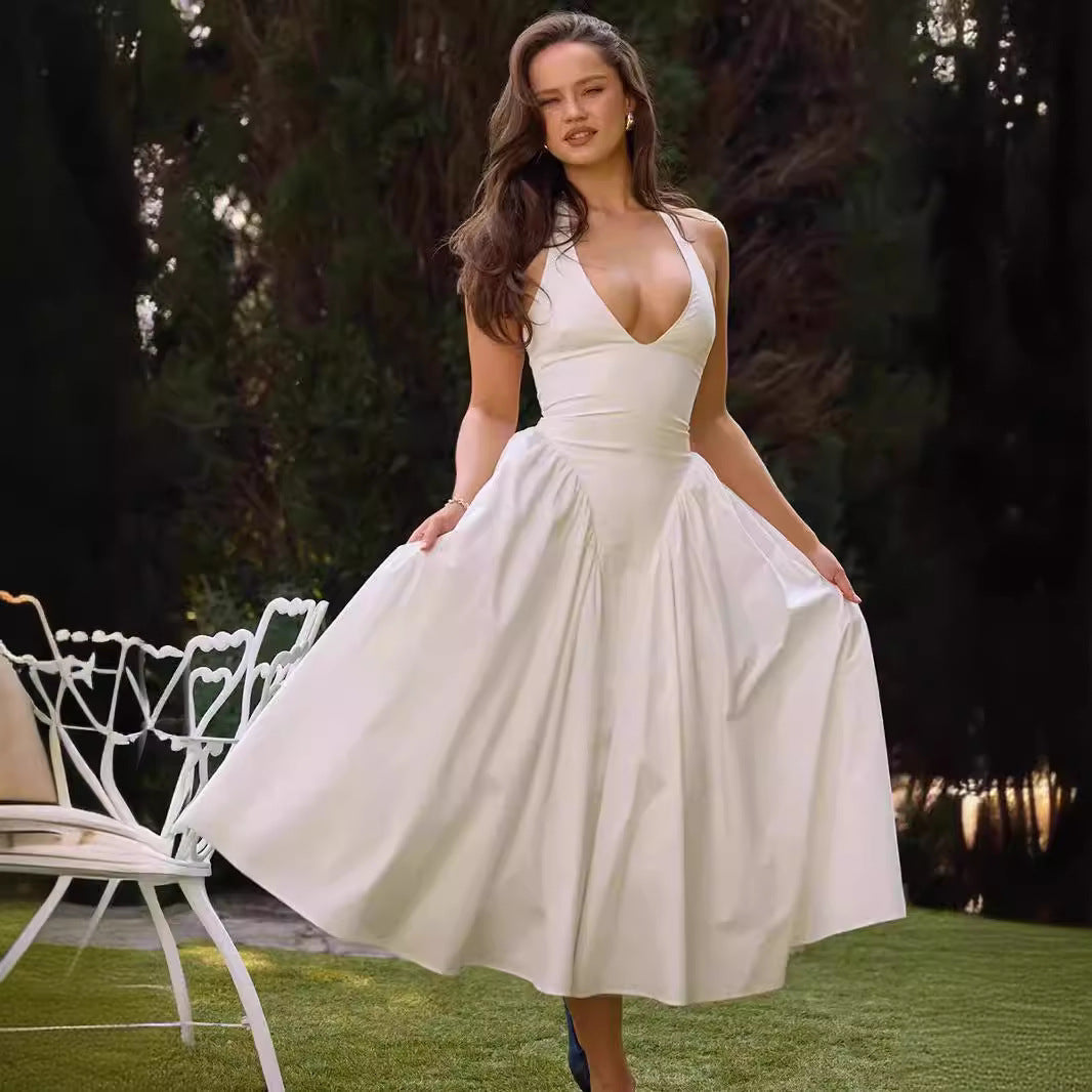 Damen Elegantes Kleid mit tiefem V-Ausschnitt und voluminösem Rock R&B