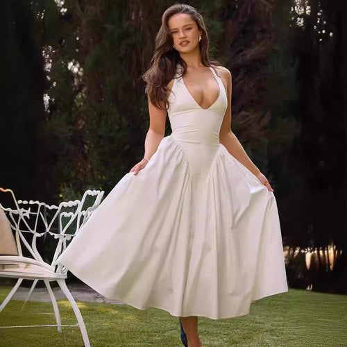 Damen Elegantes Kleid mit tiefem V-Ausschnitt und voluminösem Rock R&B