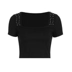 Damen Kurzarm Oberteil mit quadratischem Ausschnitt und Schmuckdetails R&B