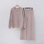 Damen Kuscheliges Strickensemble mit V-Ausschnitt und weitem Bein
