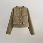 Damen kurzärmlige Utility-Jacke mit aufgesetzten Taschen und dekorativen Knöpfen R&B
