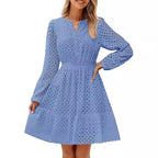 Damen luftiges Blusenkleid mit dekorativem Lochmuster und kräftigen Ärmel R&B