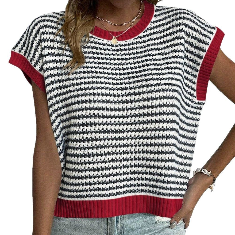 Damen lässiges Strickoberteil mit kurzen Ärmeln und strukturiertem Design R&B