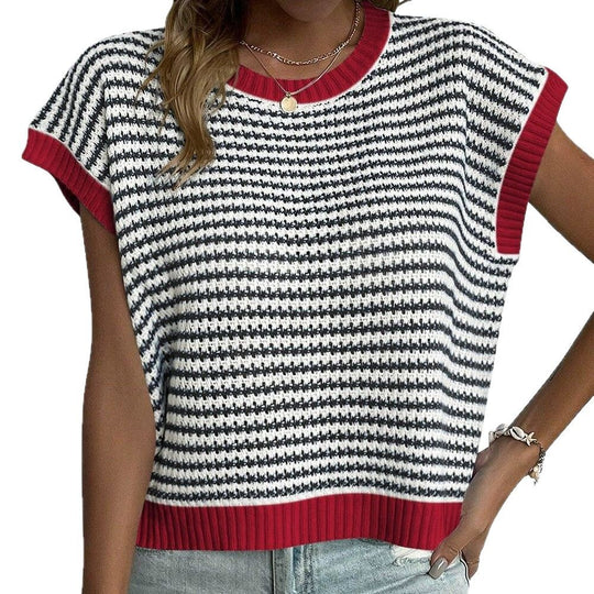 Damen lässiges Strickoberteil mit kurzen Ärmeln und strukturiertem Design R&B