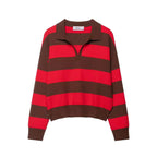 Damen nan gestreifter Rugby-Pullover mit Polokragen, V‑Ausschnitt und verlängerten Rippbündchen R&B
