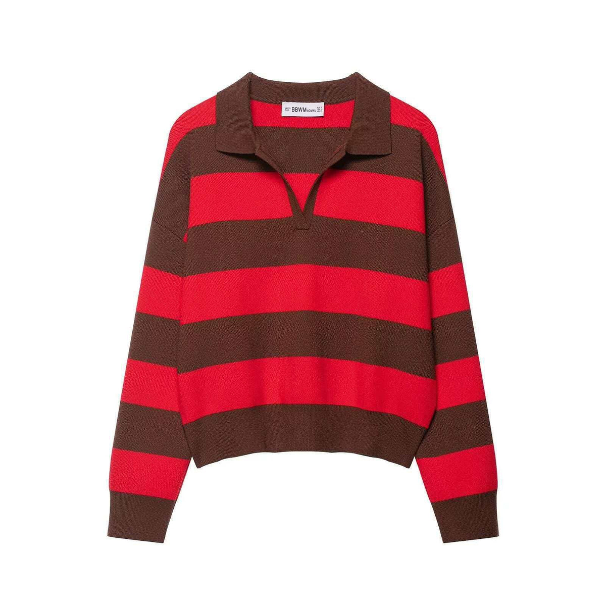 Damen nan gestreifter Rugby-Pullover mit Polokragen, V‑Ausschnitt und verlängerten Rippbündchen R&B