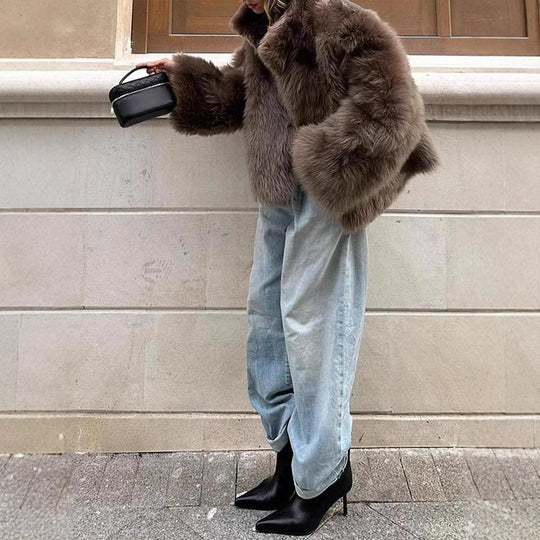 Damen Luxus Kunstfelljacke mit breitem Kragen R&B