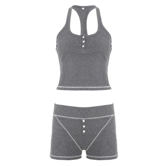 Damen Sportliches Top und Shorts-Set mit Knopfdetails R&B