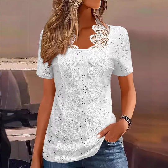 Damen nan Lochstickerei-Bluse mit Spitzenpasse und quadratischem Ausschnitt R&B
