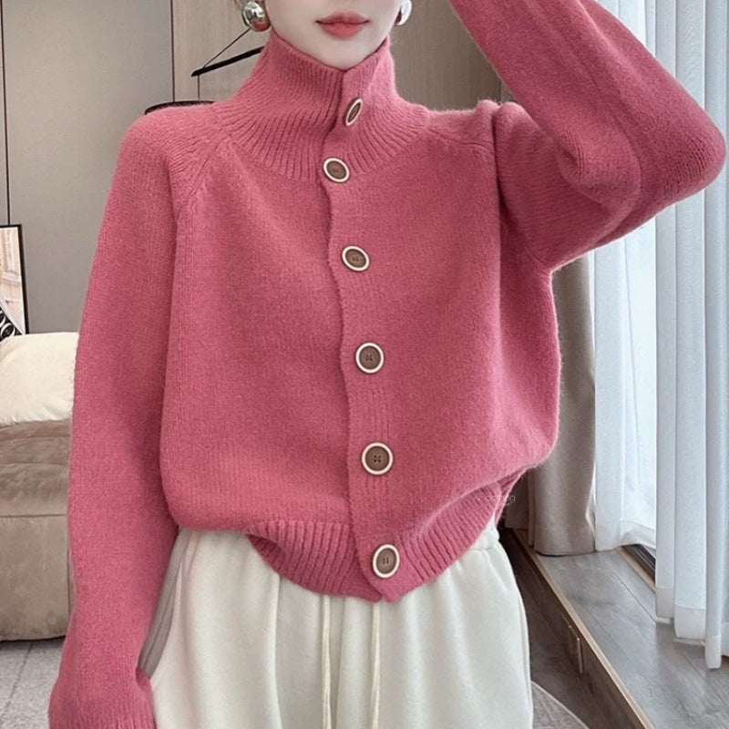 Damen kuscheliger Hochkragen-Cardigan mit Knopfdetails R&B