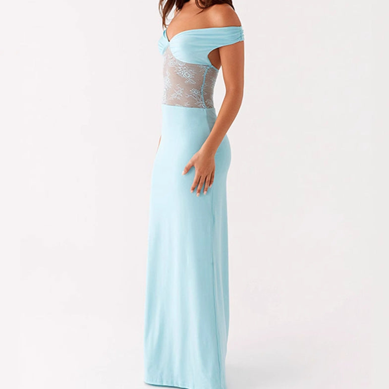 Damen Elegantes Off-Shoulder Maxikleid mit transparentem Spitzen-Oberteil und schmalem elastischem Saum R&B