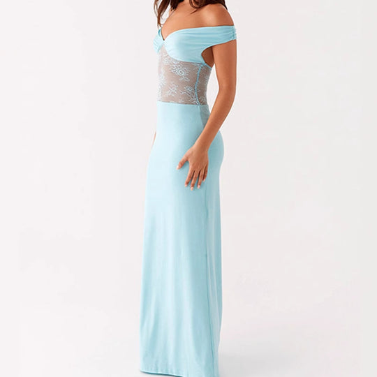 Damen Elegantes Off-Shoulder Maxikleid mit transparentem Spitzen-Oberteil und schmalem elastischem Saum R&B