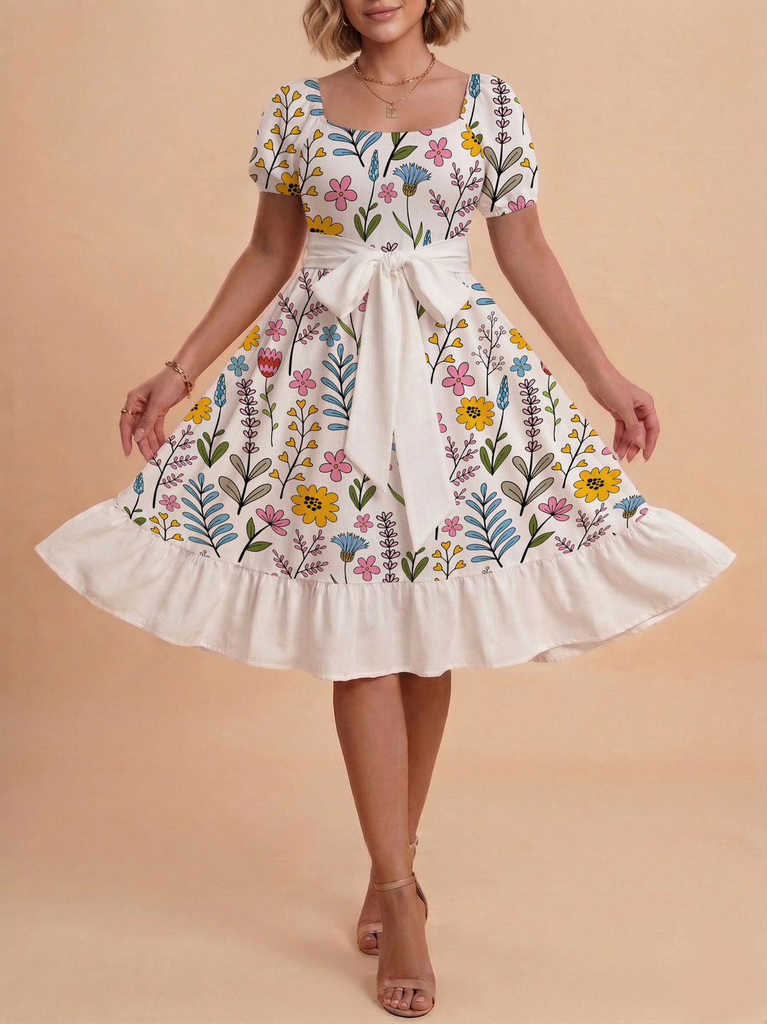 Damen Sommerkleid mit floralem Puffärmel und taillierbarem Gürtel R&B