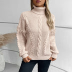 Damen Strickpullover mit hohem Kragen und Zopfmuster