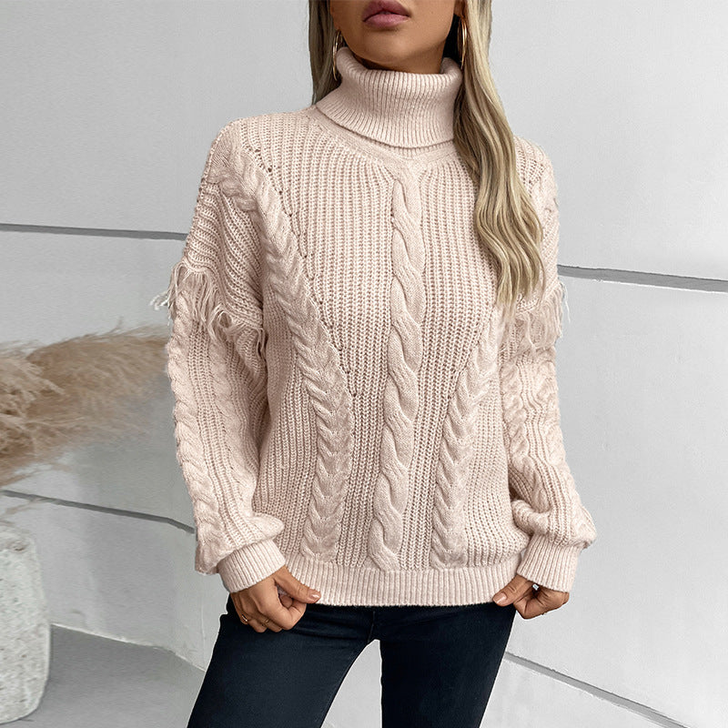 Damen Strickpullover mit hohem Kragen und Zopfmuster