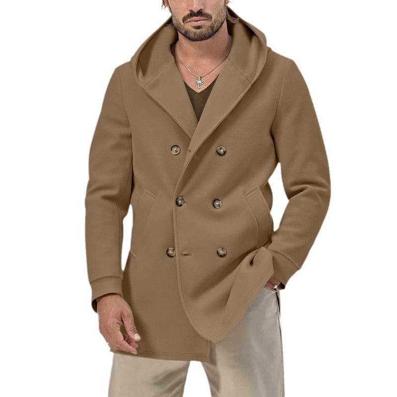 Herren eleganter Doppeltknopf-Mantel mit Kapuze und praktischen Taschen R&B