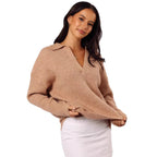 Damen lässiger Strickpullover mit modernem V-Ausschnitt und weit geschnittenen Ärmeln R&B