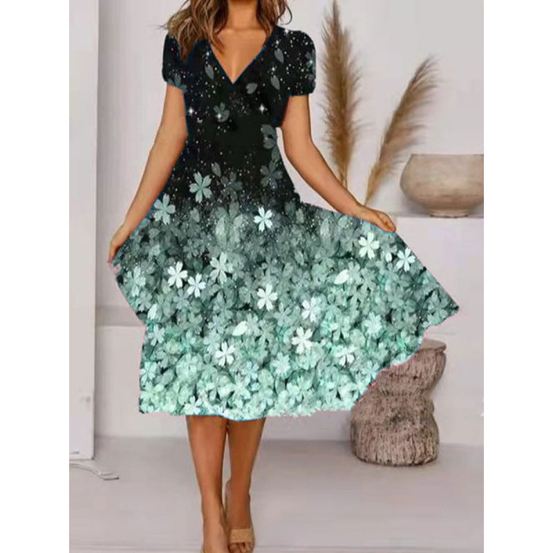 Damen A-Linie Sommerkleid mit V-Ausschnitt und floralen Akzenten R&B