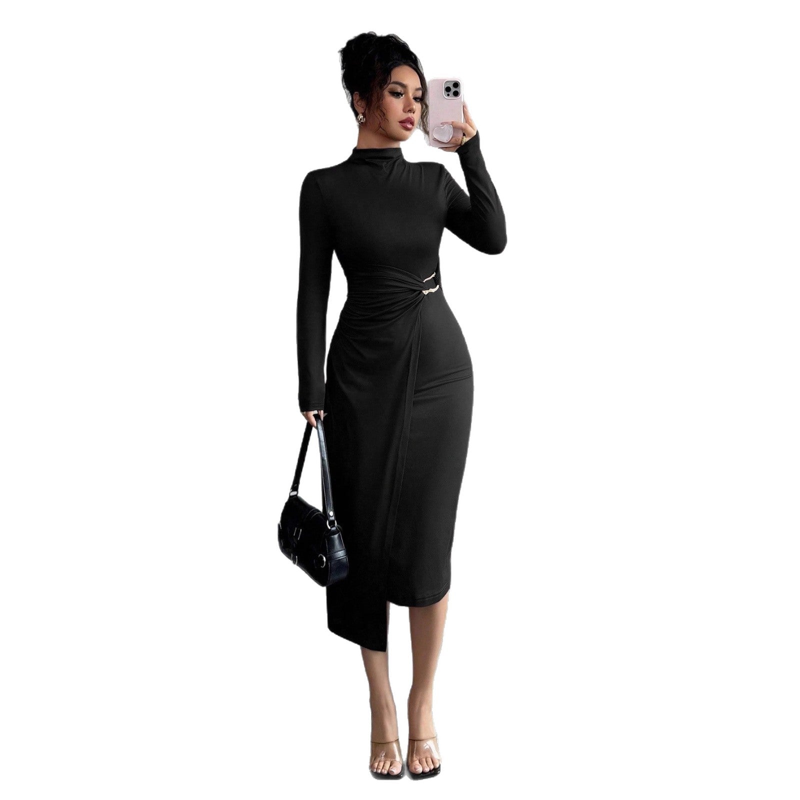 Damen nan figurbetontes Midikleid mit Stehkragen, Taillenraffung und asymmetrischem Saum R&B