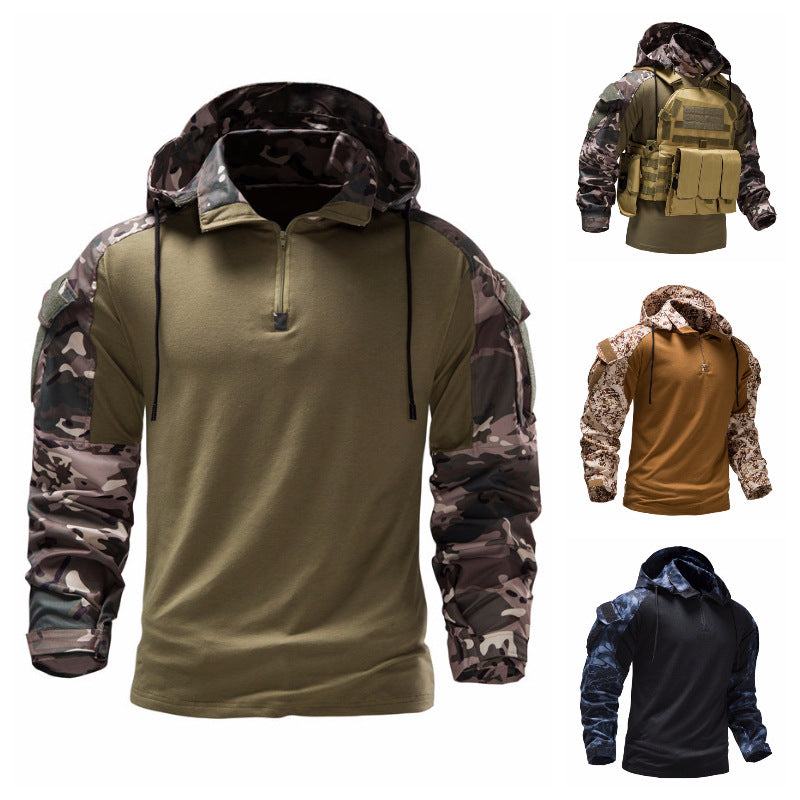 Herren taktisches Langarmshirt mit Kapuze und camouflierter Armgestaltung