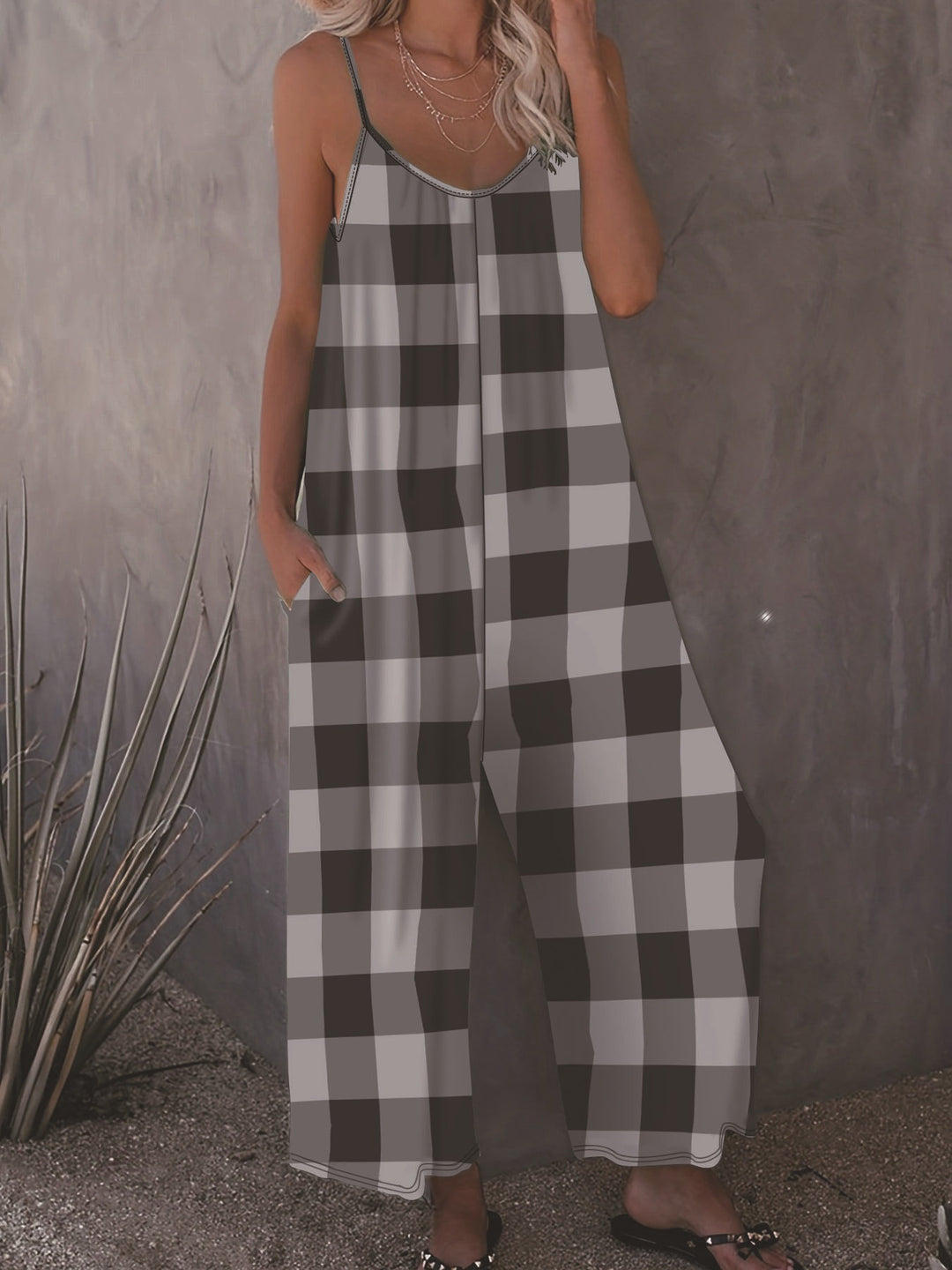 Damen Lässiger Jumpsuit im karierten Design mit praktischen Taschen R&B