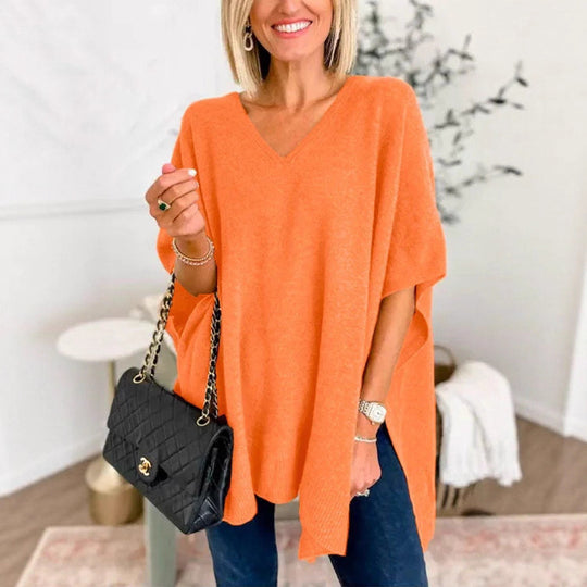 Damen lässiger Strickponcho mit V-Ausschnitt und übergroßem Schnitt R&B