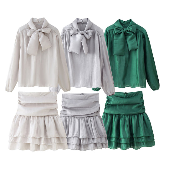 Damen Set aus eleganter Bluse mit Schleifendetail und voluminösem Rock R&B