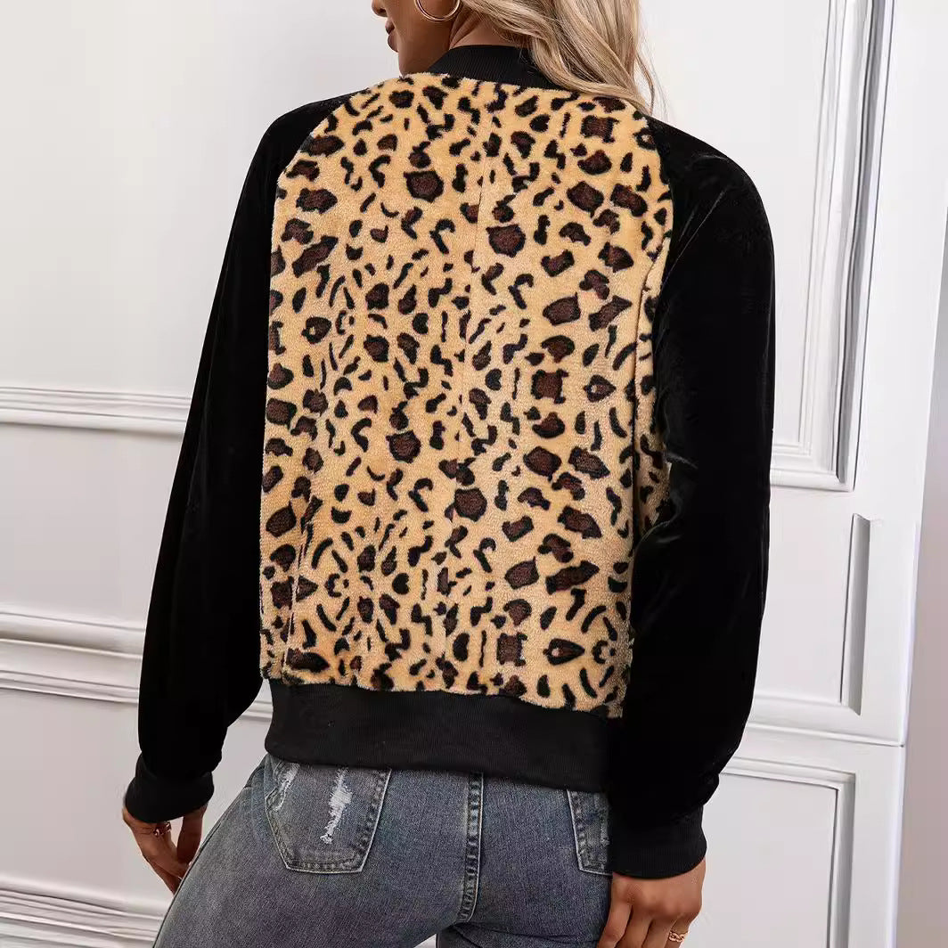 Damen elegante Bomberjacke mit Leopardenmuster und Veloursbesatz R&B