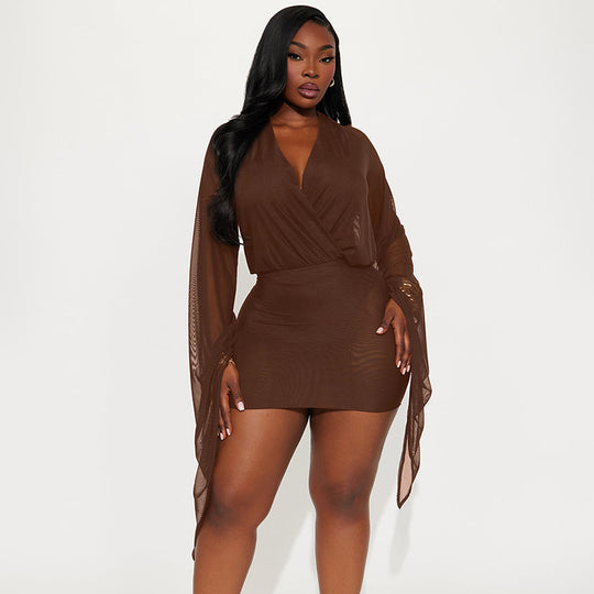 Damen Wickelkleid mit transparenten Ärmeln R&B