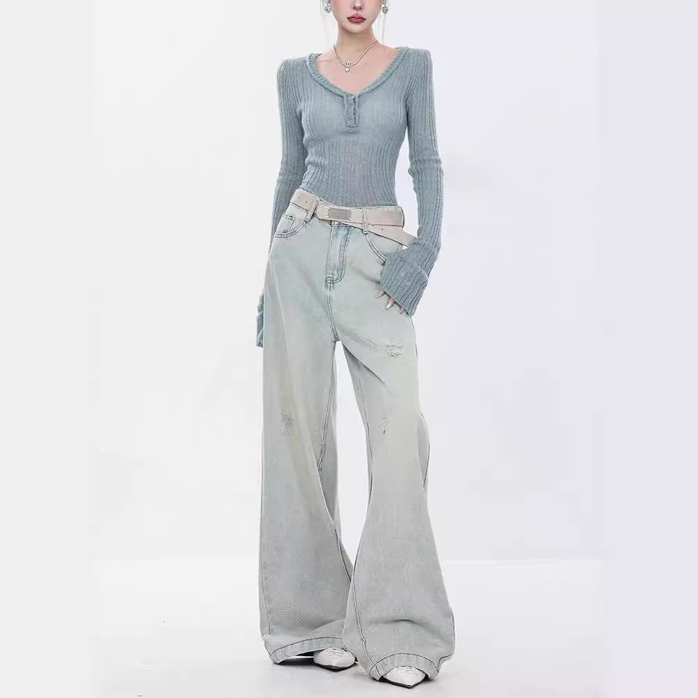 Damen Elegante Weitbein-Jeans mit modischen Akzentuierungen und hohem Bund R&B