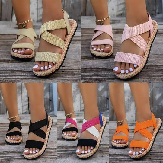 Damen nan flache Espadrille-Riemchensandalen mit geflochtenem Bastrand, elastischem Fersenband und gekreuzten Ethno-Riemen R&B