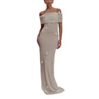 Damen Elegantes Maxikleid mit Off-Shoulder-Design und zarten 3D-Blütenapplikationen R&B