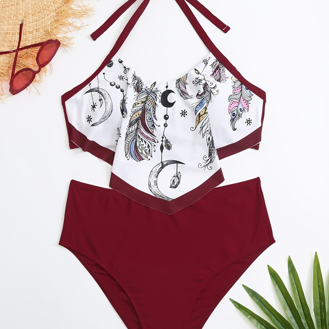 Damen Hochgeschnittener Badeanzug mit künstlerischem Print R&B
