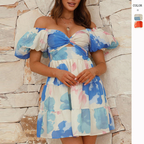 Damen Sommerliches Minikleid im floralen Design mit Puffärmeln und geknotetem Ausschnitt R&B