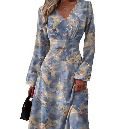Damen Elegantes langärmliges Kleid mit raffiniertem V-Ausschnitt und floralem Muster R&B